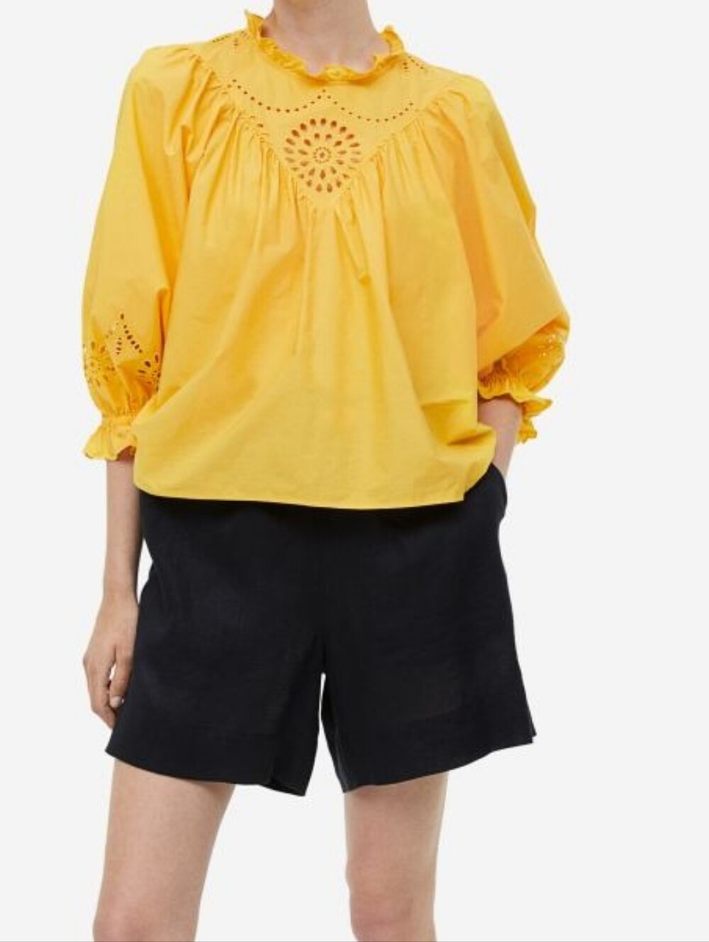 H&M Cotton Blouse with Eyelet Embroidery  Yellow Size L NWT